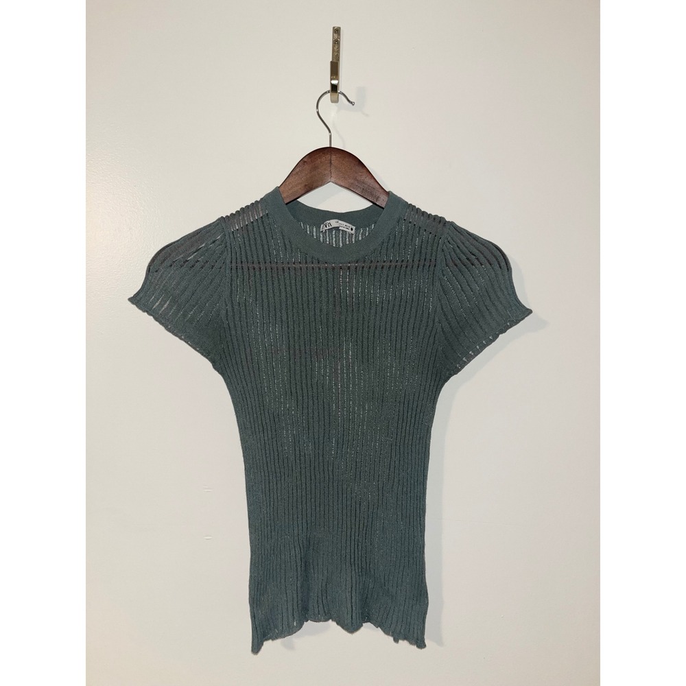 ZARA Knit Short‎ Sleeve Top Sheer Ribbed Texture Crew Neck Green Size S
